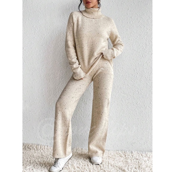 2 Piece Knit Set Turtleneck Sweater & Pants Beige - Picture 4 of 16
